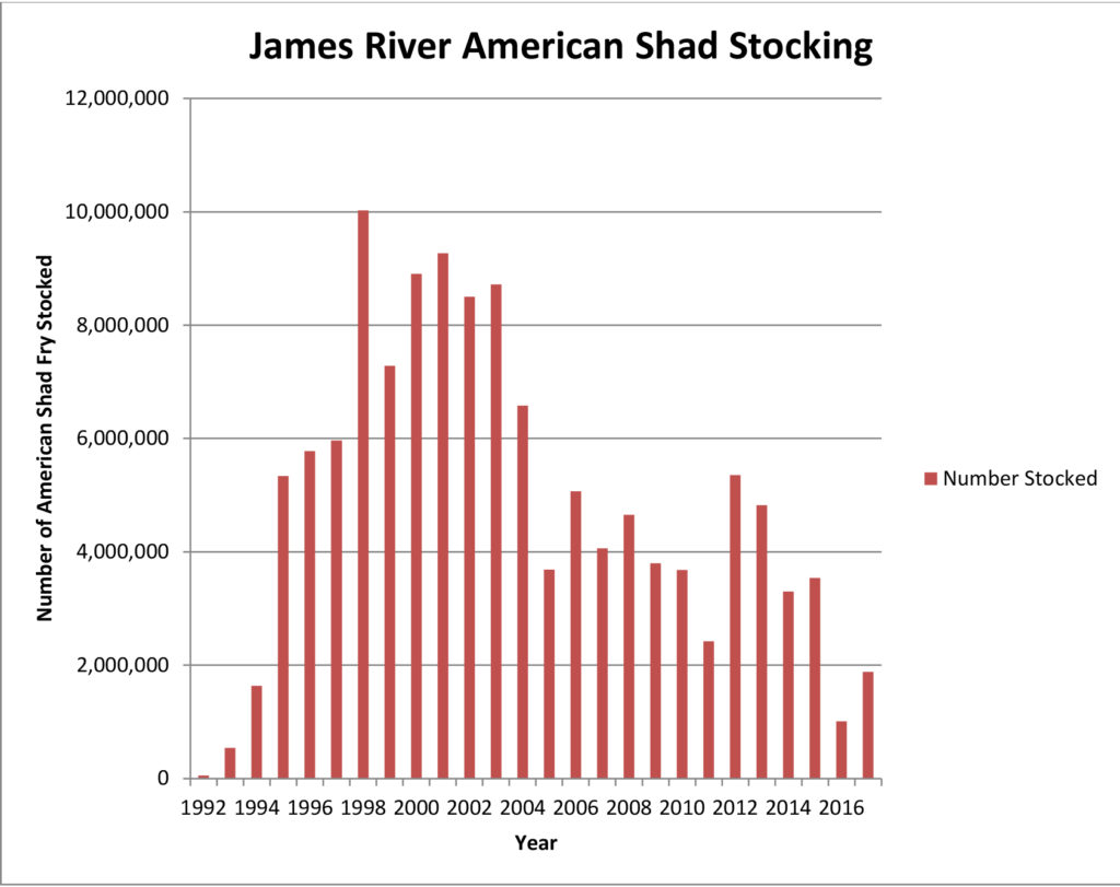 A graph of the young American shad stocked in the James river form 1992 to 2017; the graph is a bell curve with the greatest stocking years occurring between 1996-2004