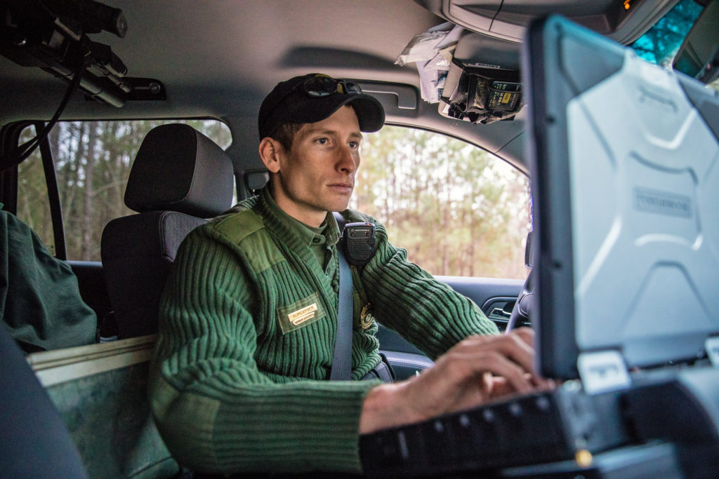 Technology has come a long way for conservation officers today. Vehicles equipped with computers enable the CPO to finalize reports, enter notes of the day’s activities, and send and receive emails from dispatch.