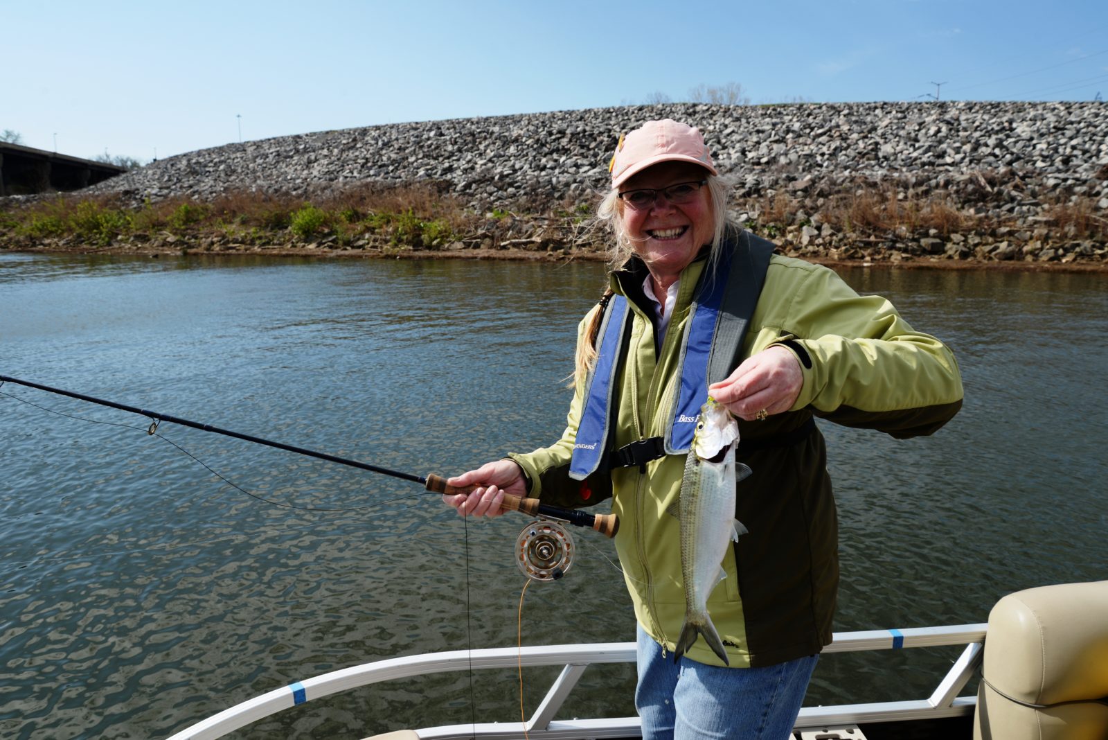 An image of an angler on a boat at the James River holding a shad they had caught
