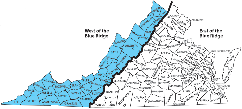 An image detailing which counties are found east and west of the Blue Ridge; the split occurs at the Appalachian mountain range