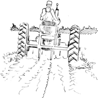 An black and white drawing of a man running a tractor