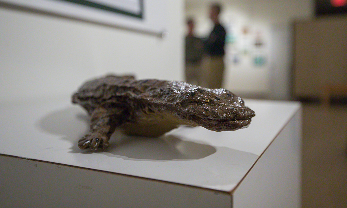 A life-size model of an eastern hellbender on a white platform at the Restore the Wild Artwork Competition exhibit.
