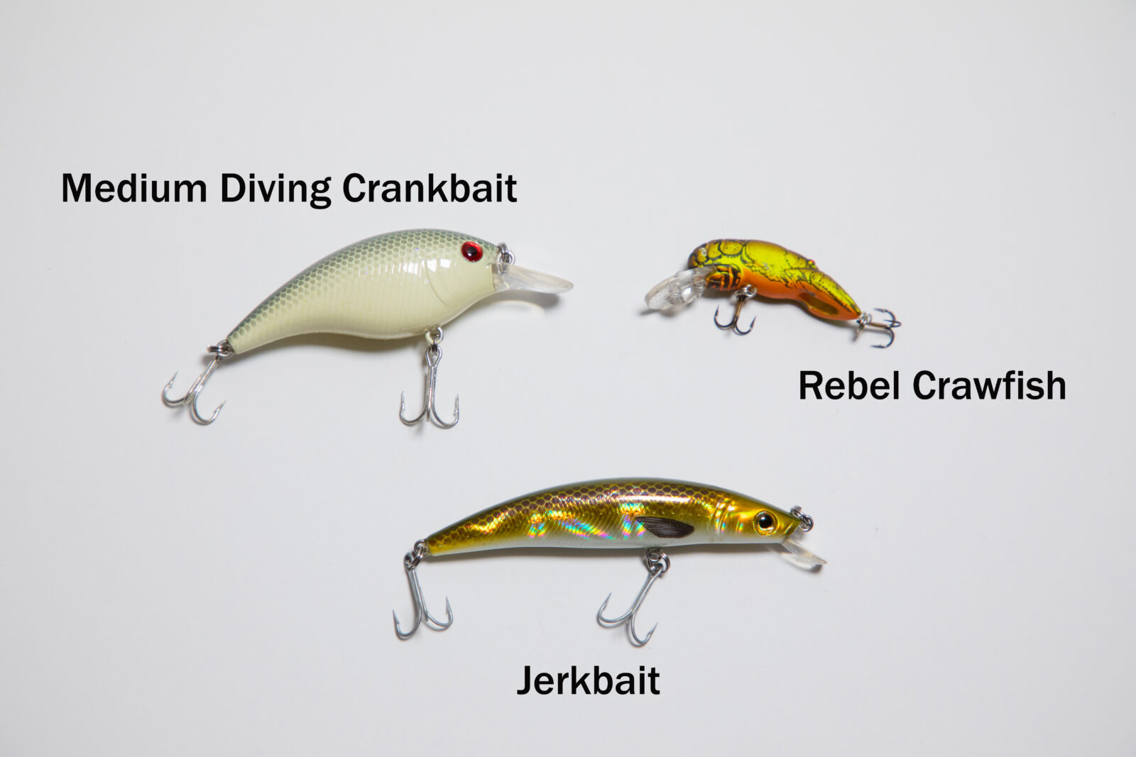An image of an array of subsurface lures for smallmouth bass