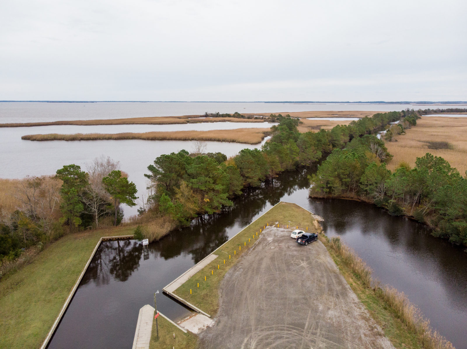 An aerial view of the Princess Anne WMA boat ramp