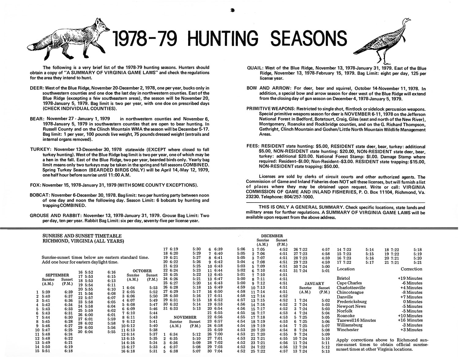 The hunting season information from the 1978-79 Virginia Wildlife calendar.