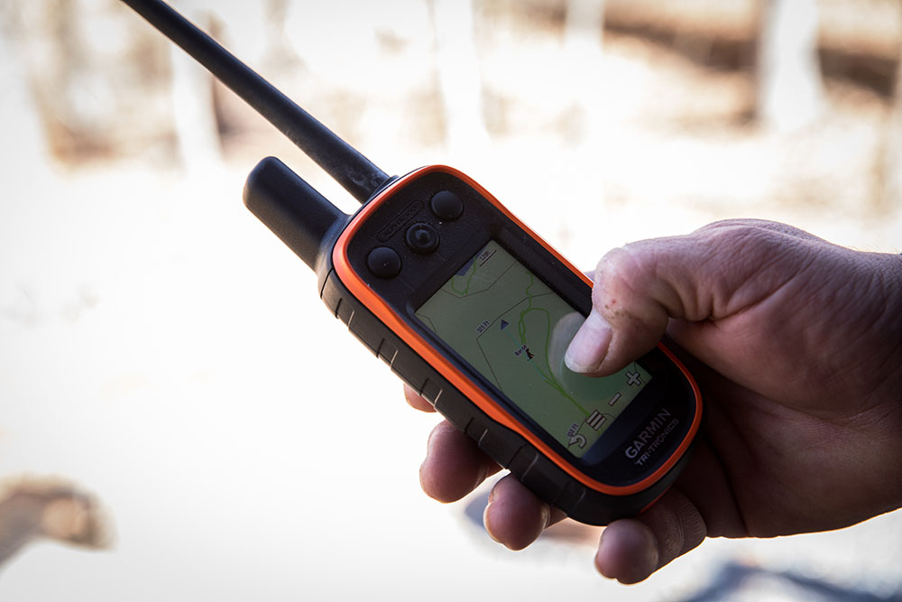 An image of a a handheld GPS device allowing the conservation police to see where the K9 officer is tracking and mark their location