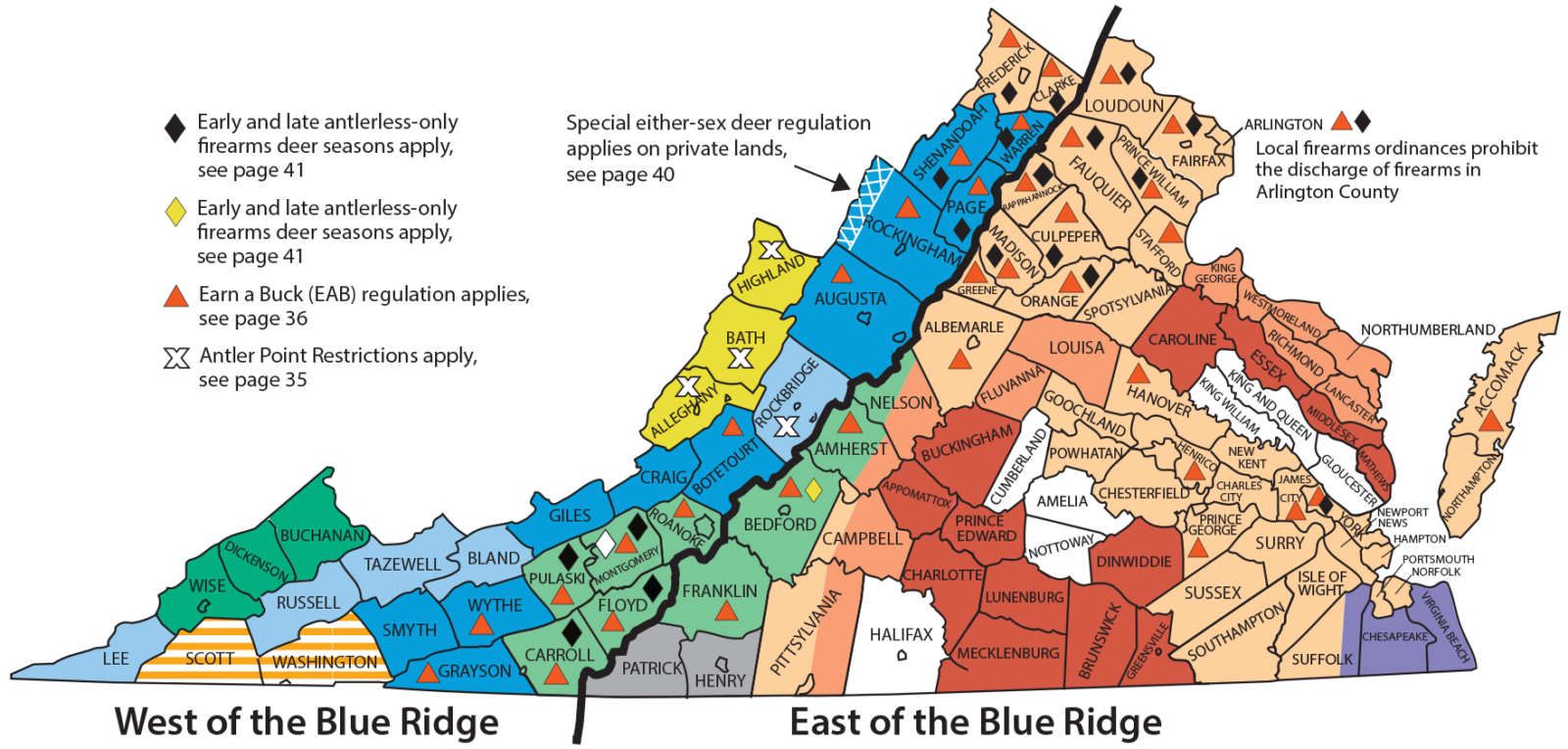 A map of Virginia depicing deer firearms hunting seasons. See text below for explanation.
