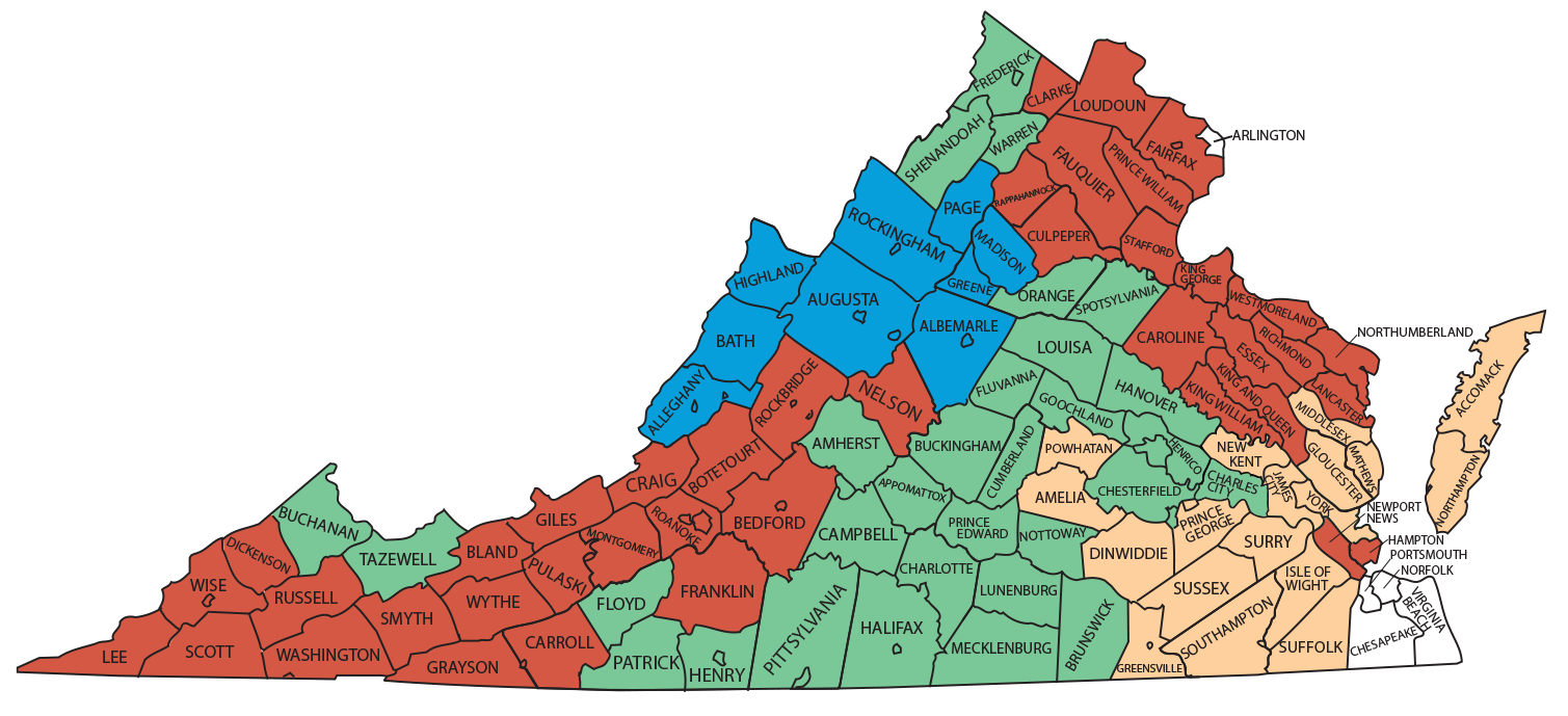 A map of Virginia displaying fall firearms turkey hunting seasons. See text for information.