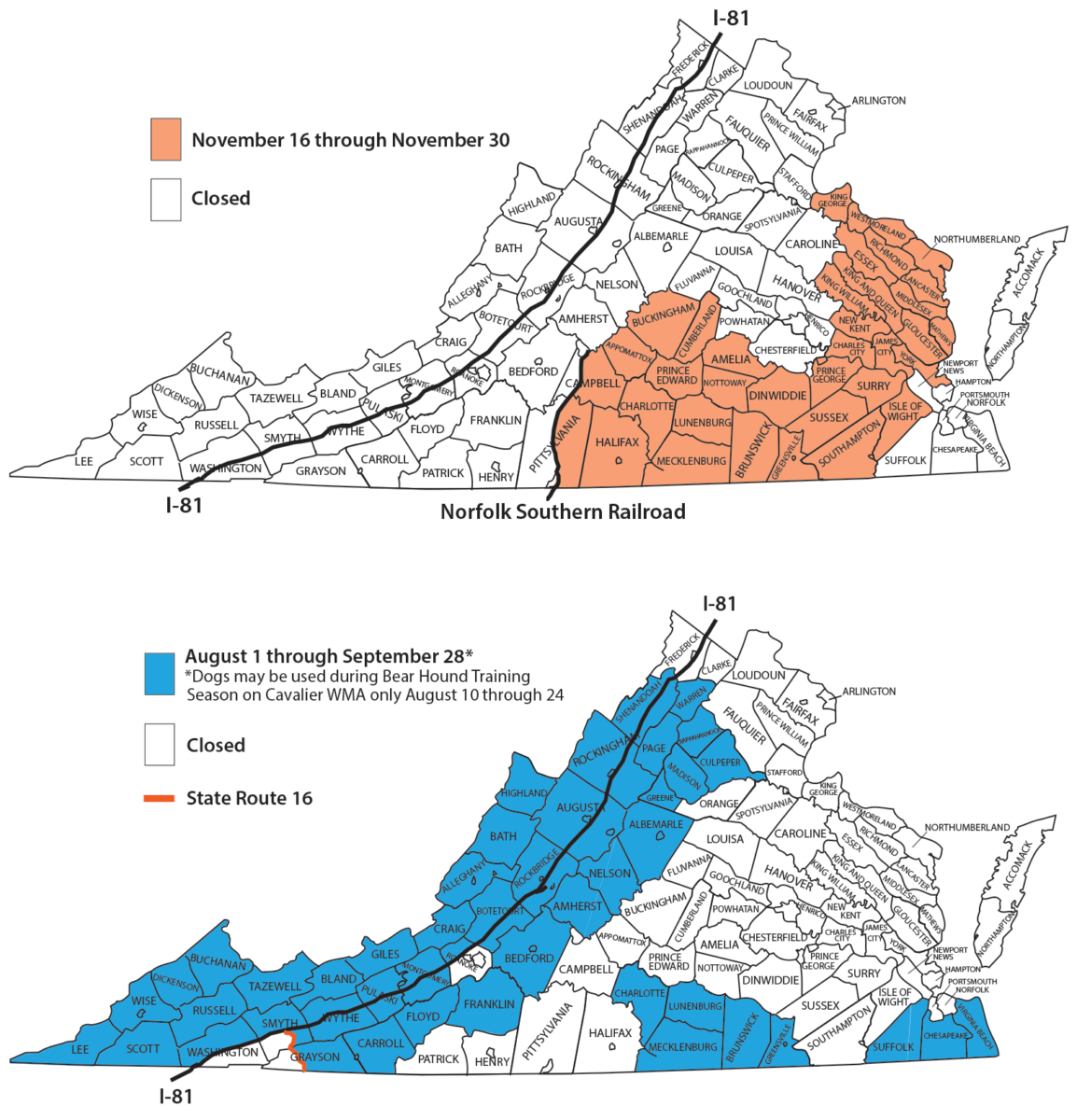 A map for bear chasing season showing the dates and locations for hunts