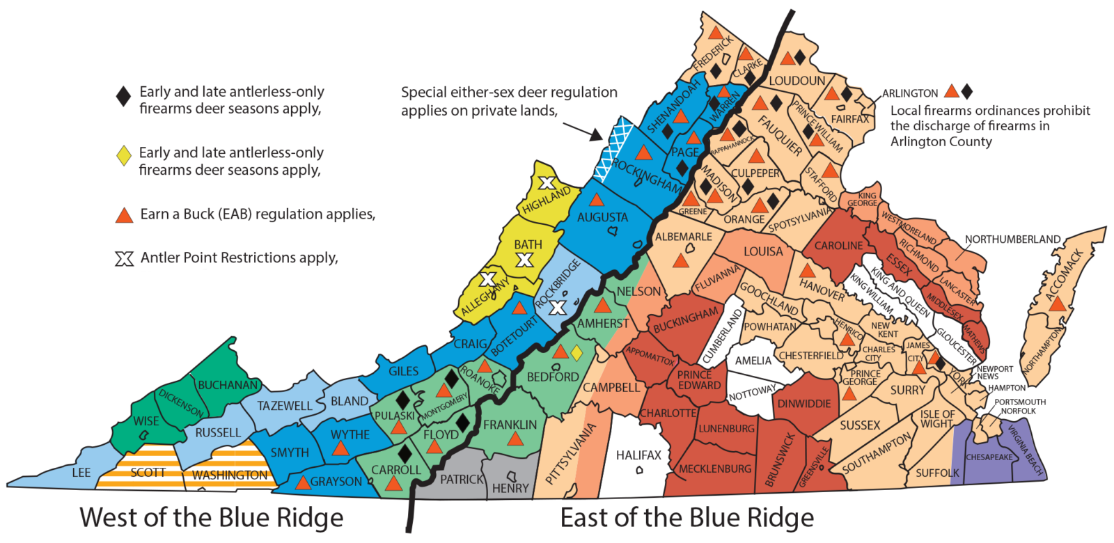 Click to open an expanded map of the Virginia Deer hunting regulations