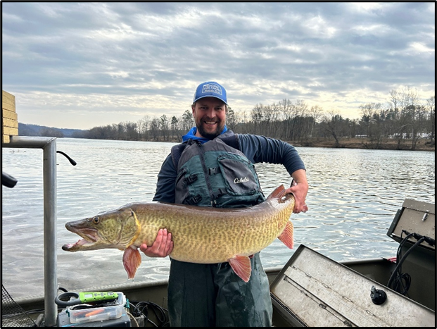 Angler on a boat holding a large musky from the Lower New River.