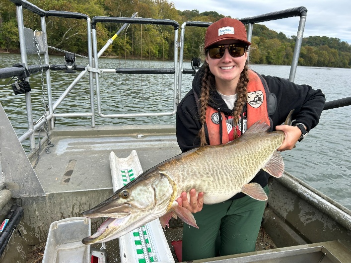 Angler on a boat holding a large musky on the Main Stem Shenandoah River.