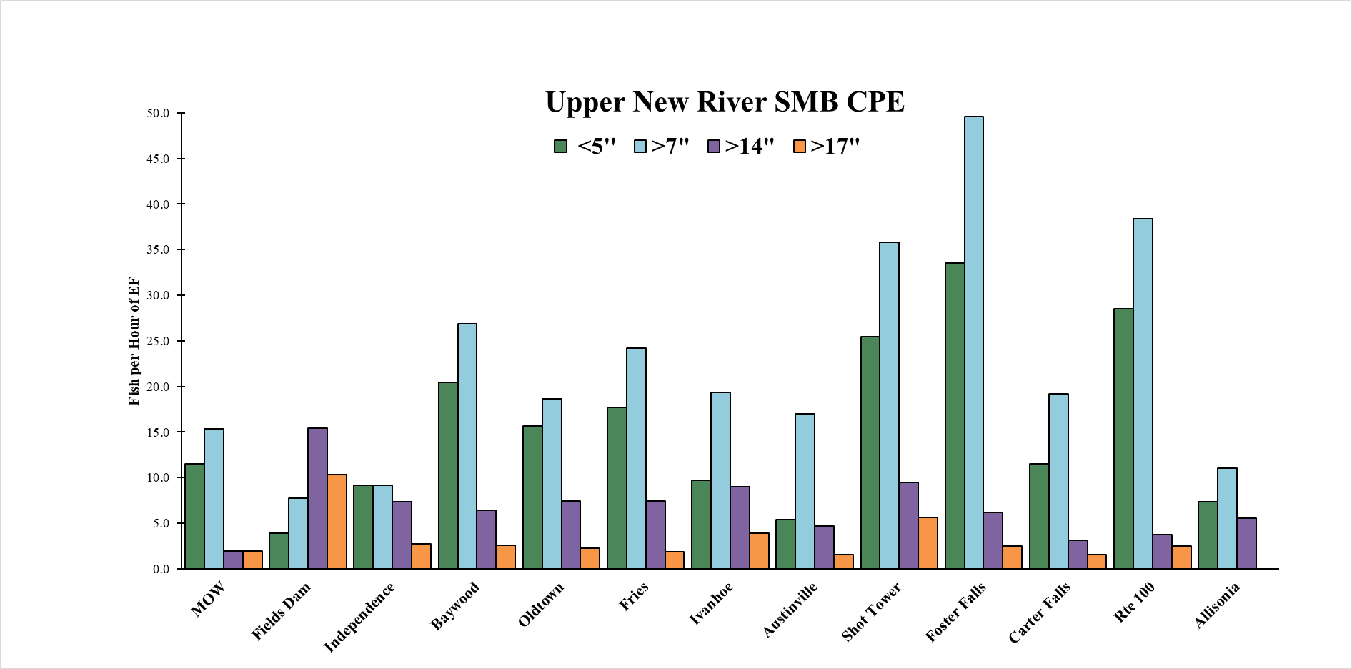 Bar chart of spring 2025 Upper New River smallmouth bass catch rates by river section and size class.