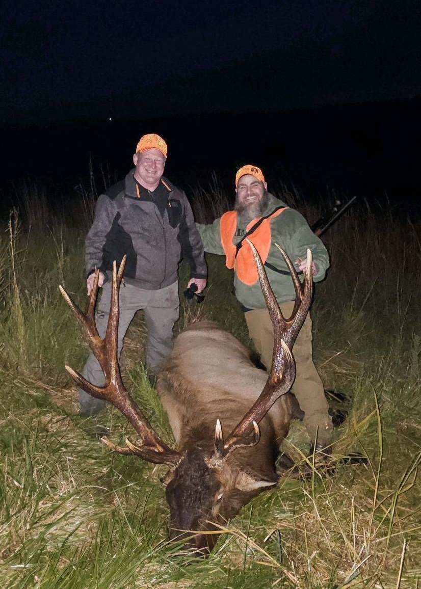 A photo taken in the nighttime of two hunters in camoflague and blaze orange posing with a large bull elk lying on the ground.