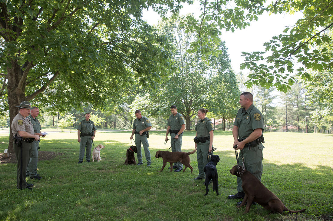The five K9 trainees and their CPO handlers participated in a certification ceremony.