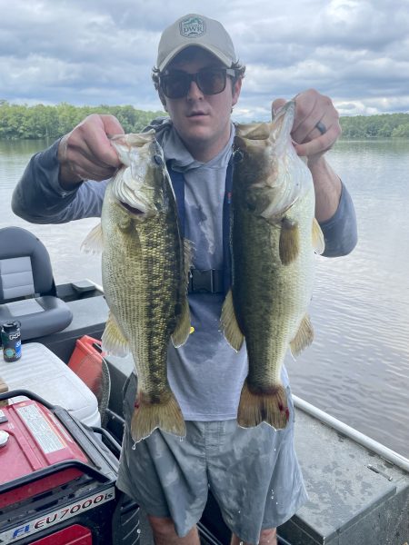 A man, standing on a boat, holding two fish.