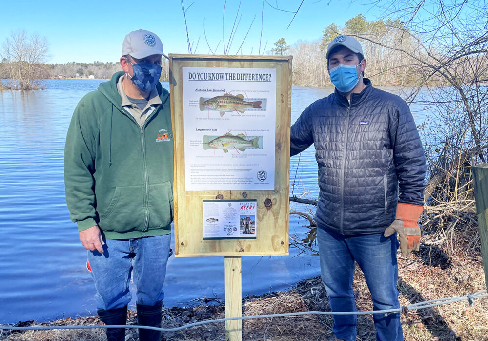 An image of two biologists next to a sign that describes the difference between Largemouth and Alabama bass