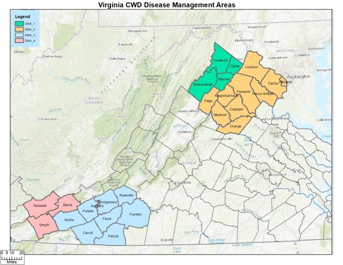 CWD has four regions of observation in Virginia; two in the west and two in the northernmost regions of the state