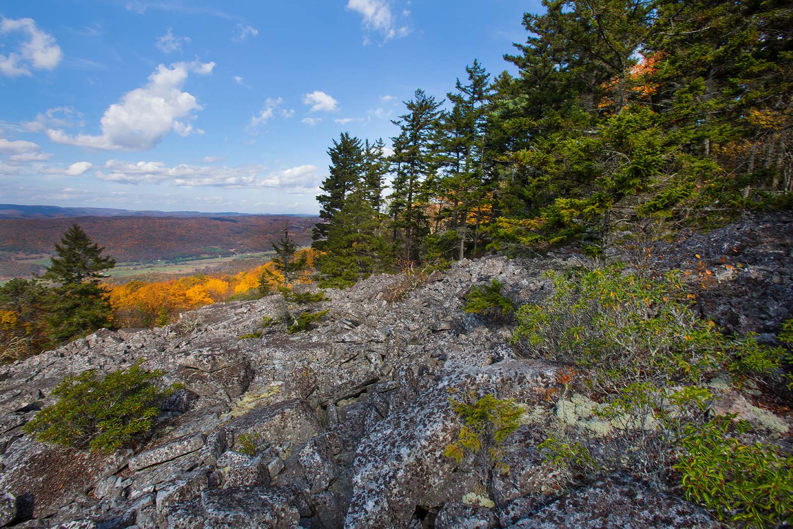 A view from an overlook, showing a valley below and mountains draped in fall foliage in the distance