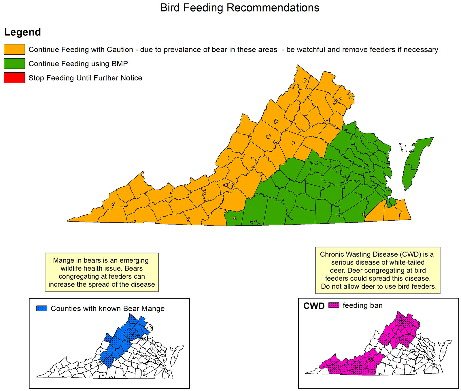 A map of Virginia showing counties and recommendations surrounding bird feeding