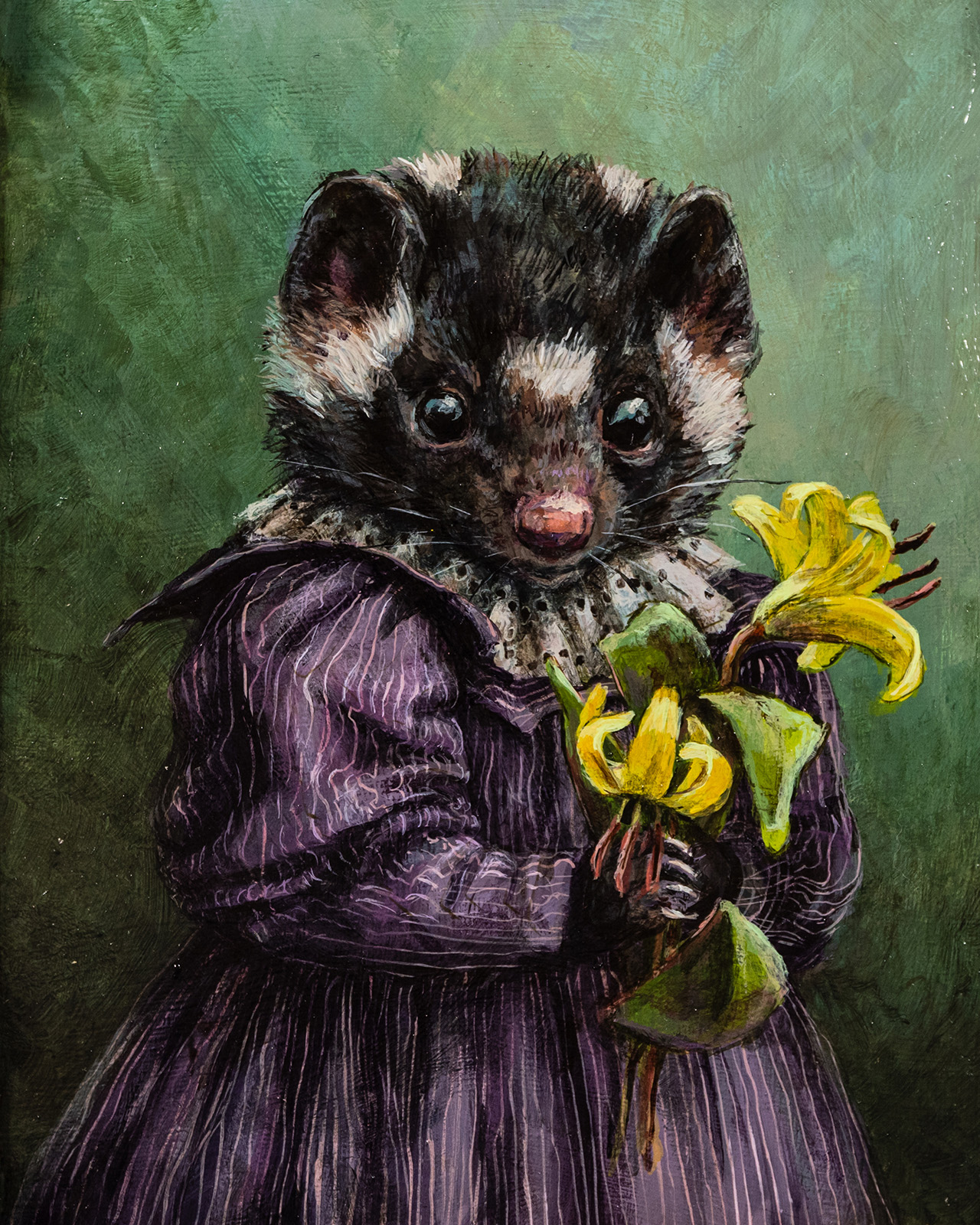 A painting of a spotted skunk in a purple dress, holding a bunch of yellow flowers.