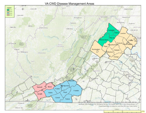 Map of Virginia depicting the counties included in each CWD disease management area for 2025-2026