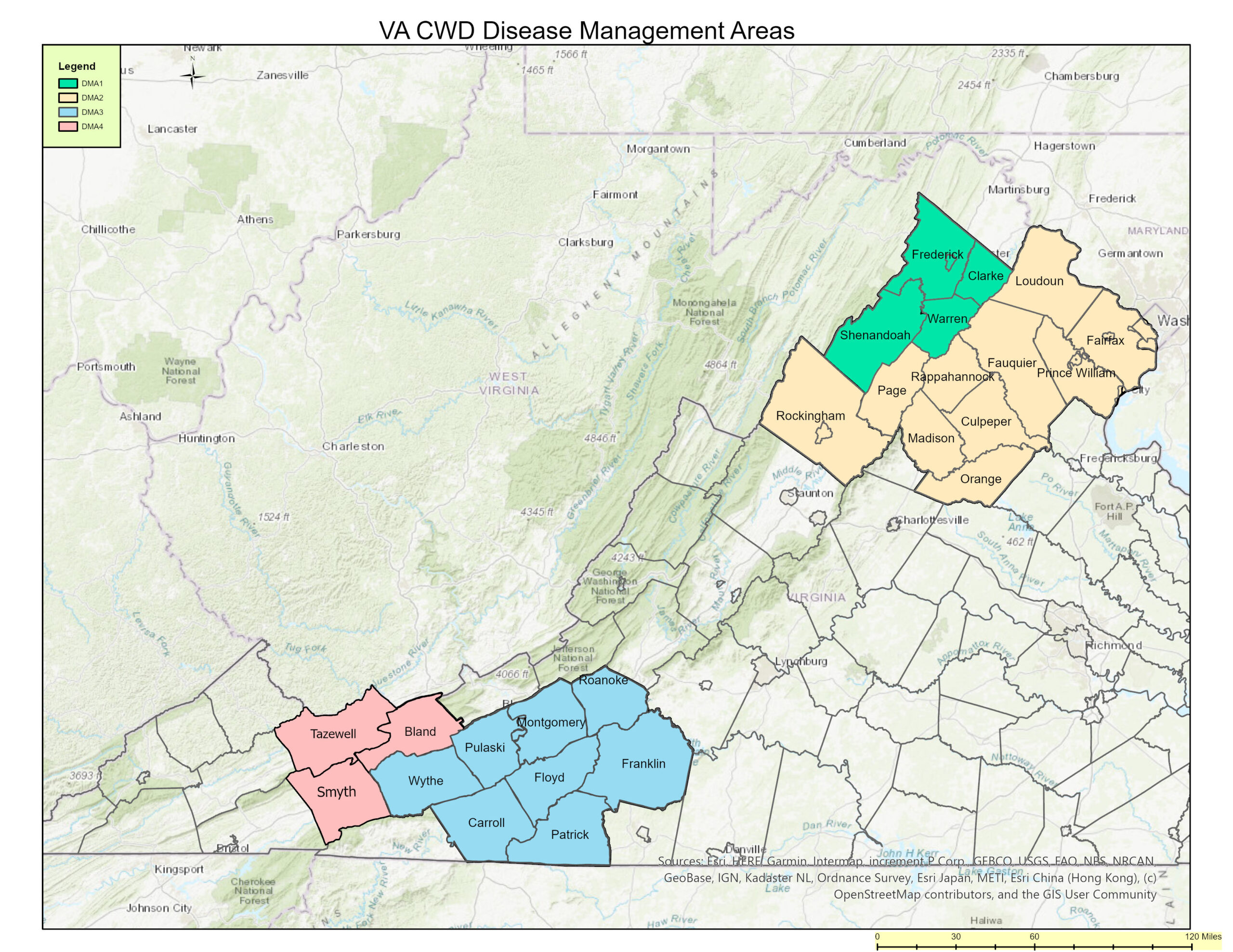 Map of Virginia depicting the counties included in each CWD disease management area for 2025-2026