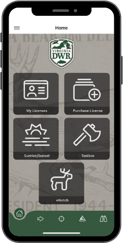 A smartphone displaying the Go Outdoors Virginia app home screen