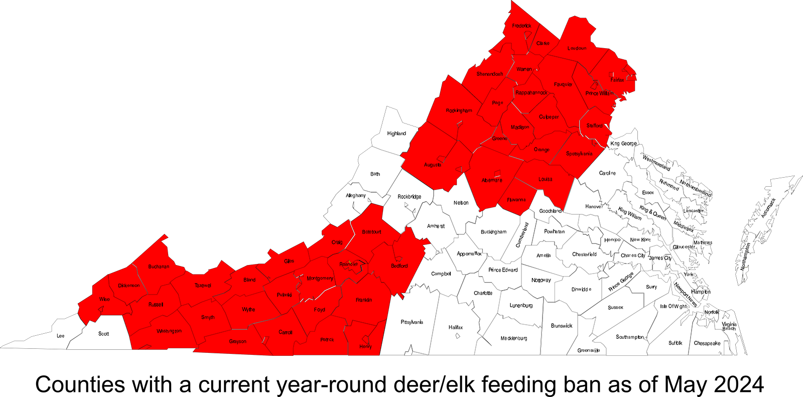 A map of counties with a current year-round deer/elk feeding ban, as of May 2024.