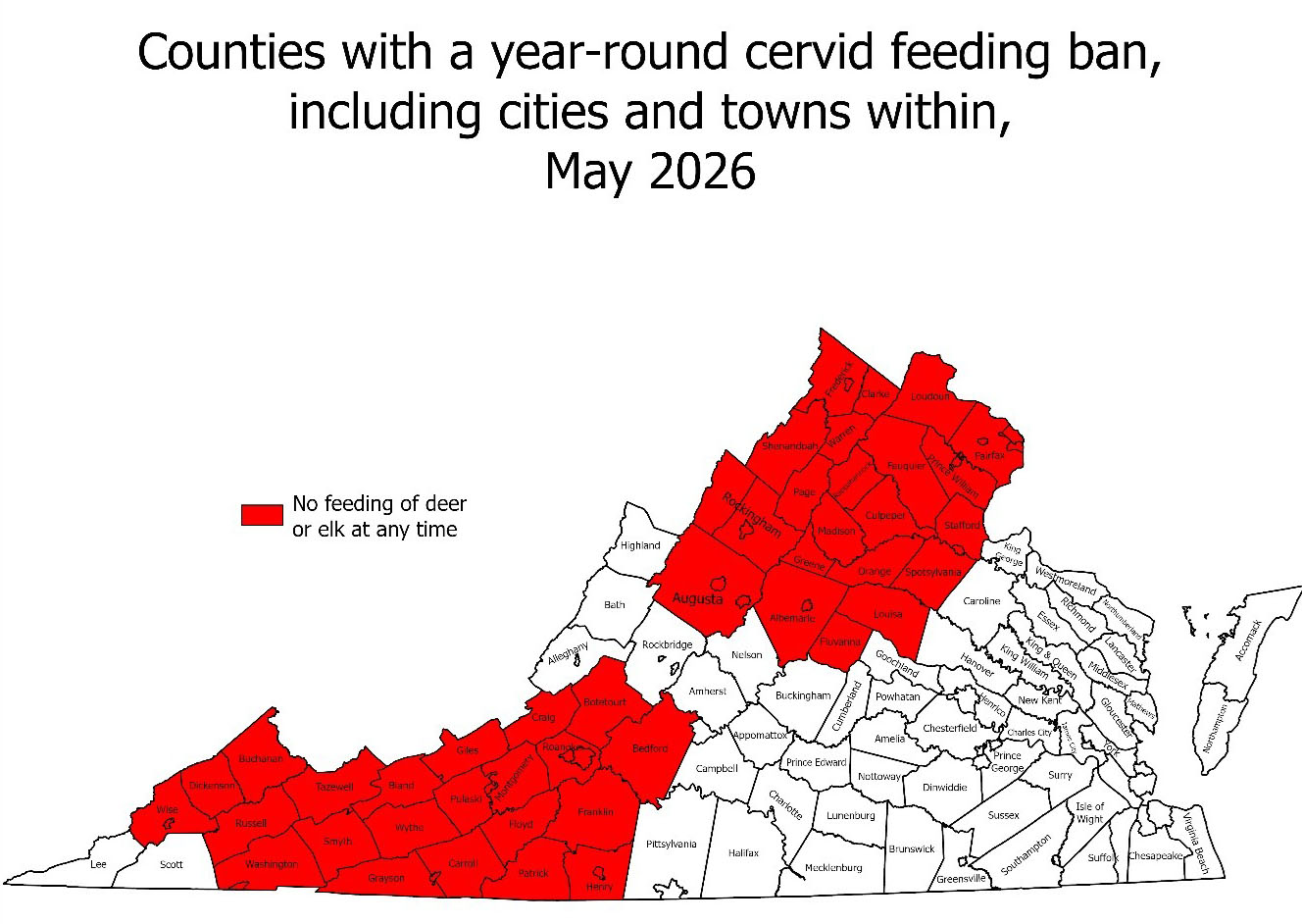 A map showing counties with a year-round cervid feeding ban, including cities and towns within