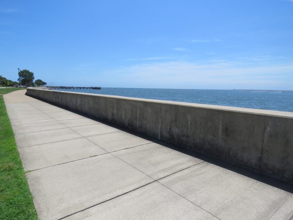 An image of a concrete seawall with a sidewalk running along it and a wooden pier visible in the background.