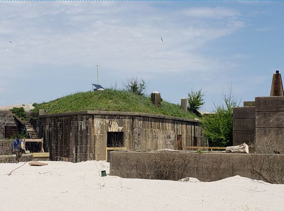 One of the earthen mounds atop the batteries which is in need of vegetation management