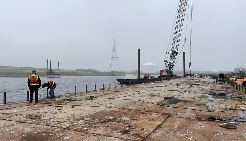 One of the 2021 barges currently under construction by Precon Marine Construction employees 