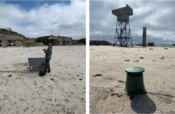 Left: Kelsi Hunt of the Virginia Tech Shorebird Program helps set up one of the solar-powered sound systems at the Fort Wool site. Right: A speaker that's attached to the sound system will play seabird calls to attract birds to nest at the Fort Wool site.