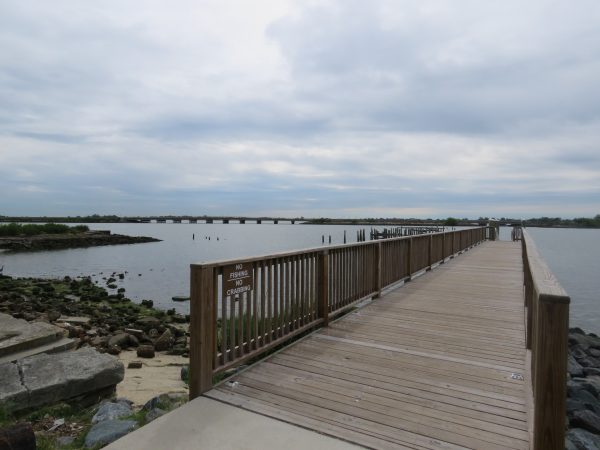 An image of a small wooden dock near a rocky shore leading into the river at Phoebus Waterfront Park