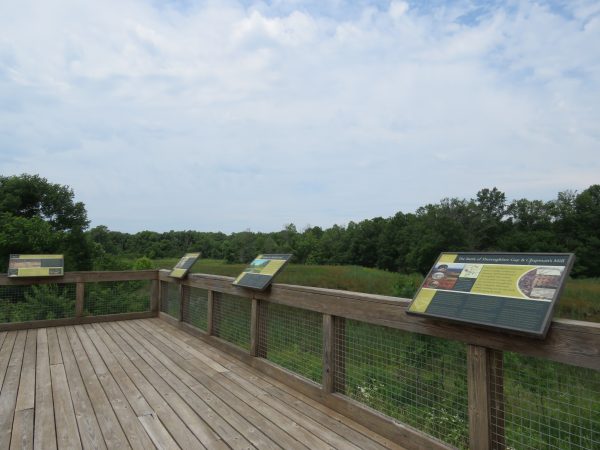 Observation platform over the wetland at Leopold's Preserve with four informational plaques visible