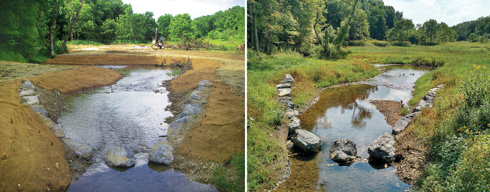 Two photos of the same stream side by side. The left photos shows earthwork and rocks placed strategically, while the second photo shows the results of the work with lush green streambanks and clear water.
