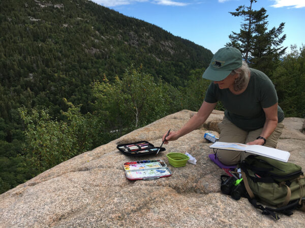 An image of a biologist using a watercolor paint kit and collapsible bowl to journal in the field upon a large boulder