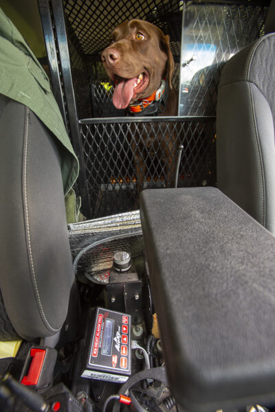 K9 Reese the chocolate lab in her kennel, looking out the window. The AceK9 Heat Alarm system is visible between the front seats in the foreground.