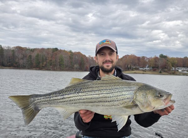 Angler Derek Merrick holding a striped bass in front of the lake.