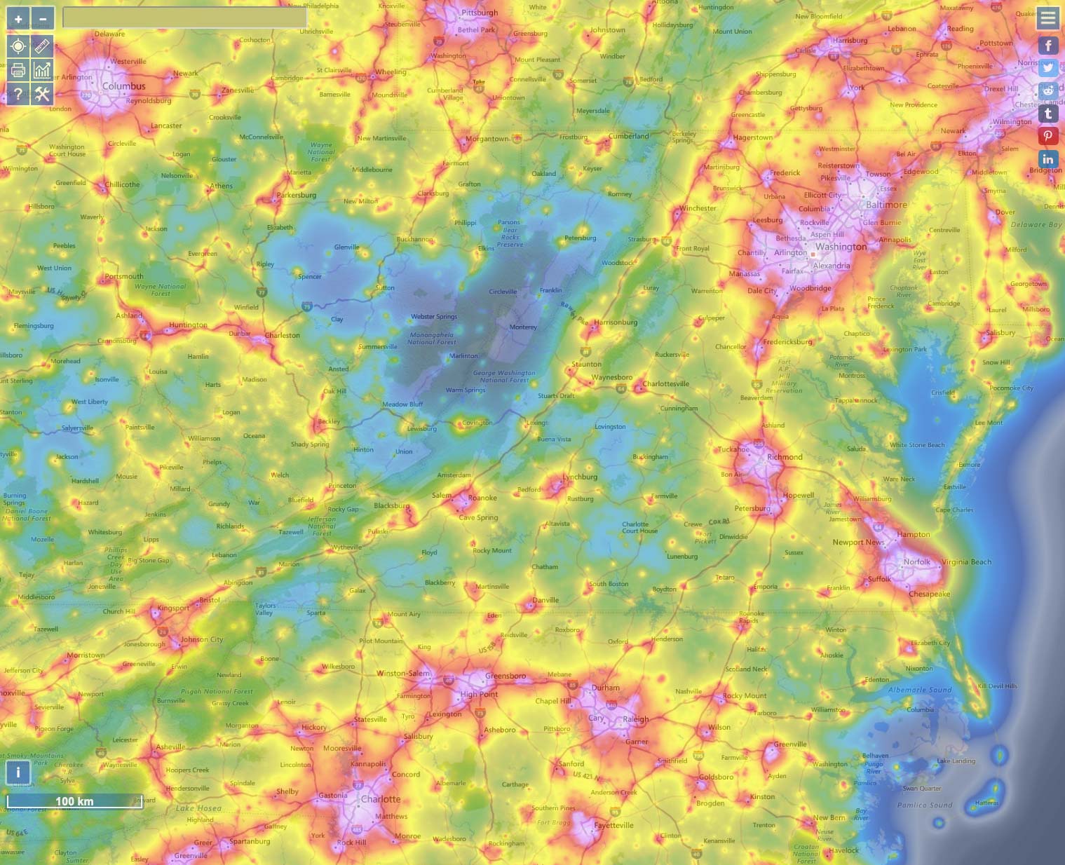 An image of a light pollution map for Virginia on of the best places around here to go to see the stars is Circleville in Monongahela national forest