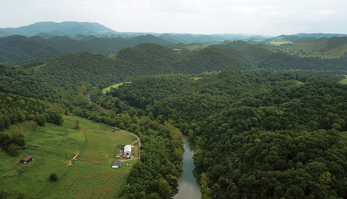 An image showing an aerial photo of the Clinch River in Russel county where the Appalachian monkeyface mussel has been reintroduced
