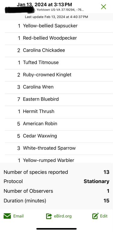 A screenshot of an EBird report showing 13 species of birds at one location on a day.