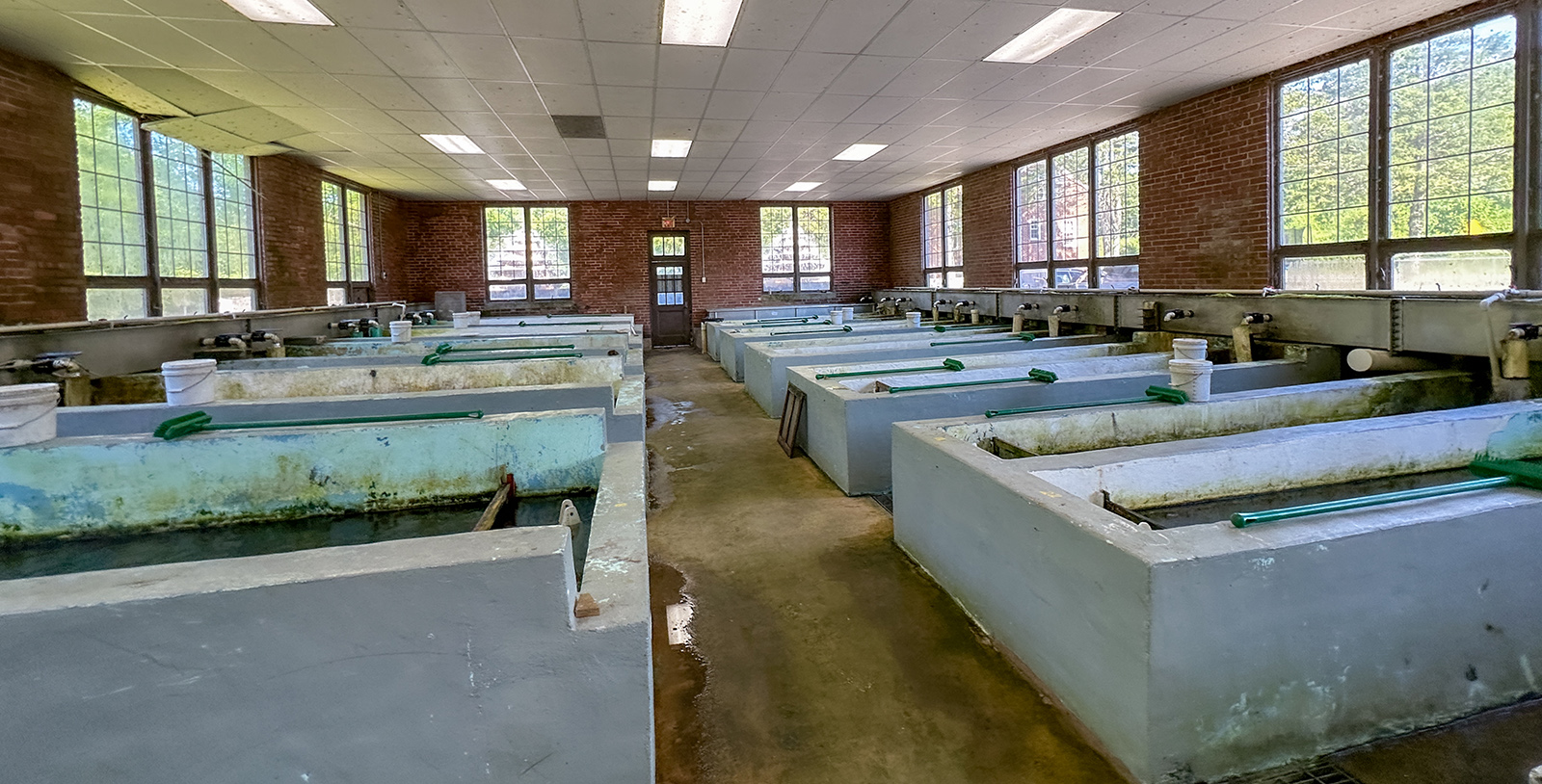 A photo of a large room with brick walls and many concrete tubs,