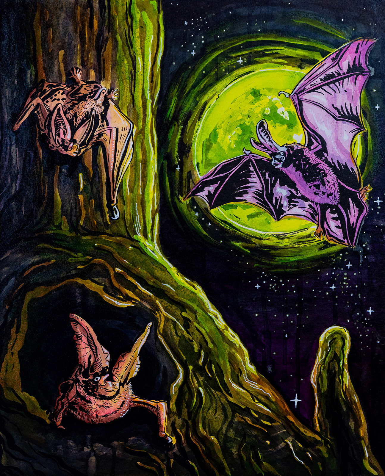 A vividly colored painting of three bats, two on a tree and one silhouetted against a moon.