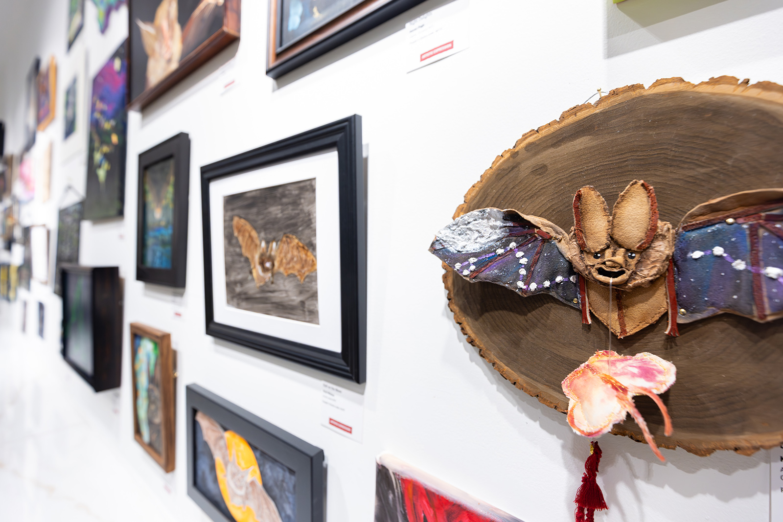 A photo of a large number of pieces of art depicting bats hanging on a wall.