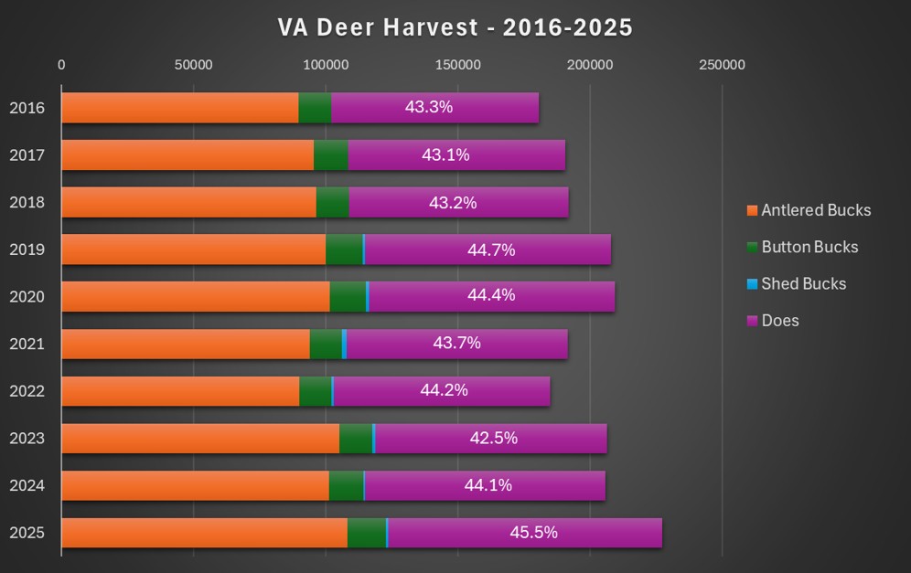 A bar graph showing different numbers for each year between 2016 and 2025 with ratios between antlered bucks, button bucks, shed bucks, and does.