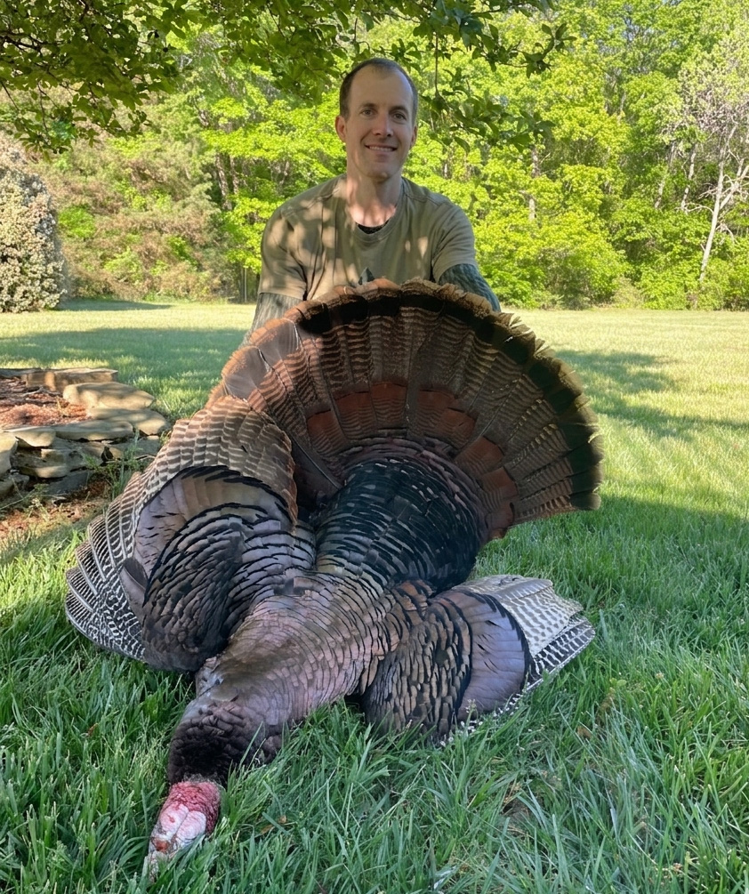 A photo of a man kneeling in a yard with a large male turkey lying on the ground in front of him.