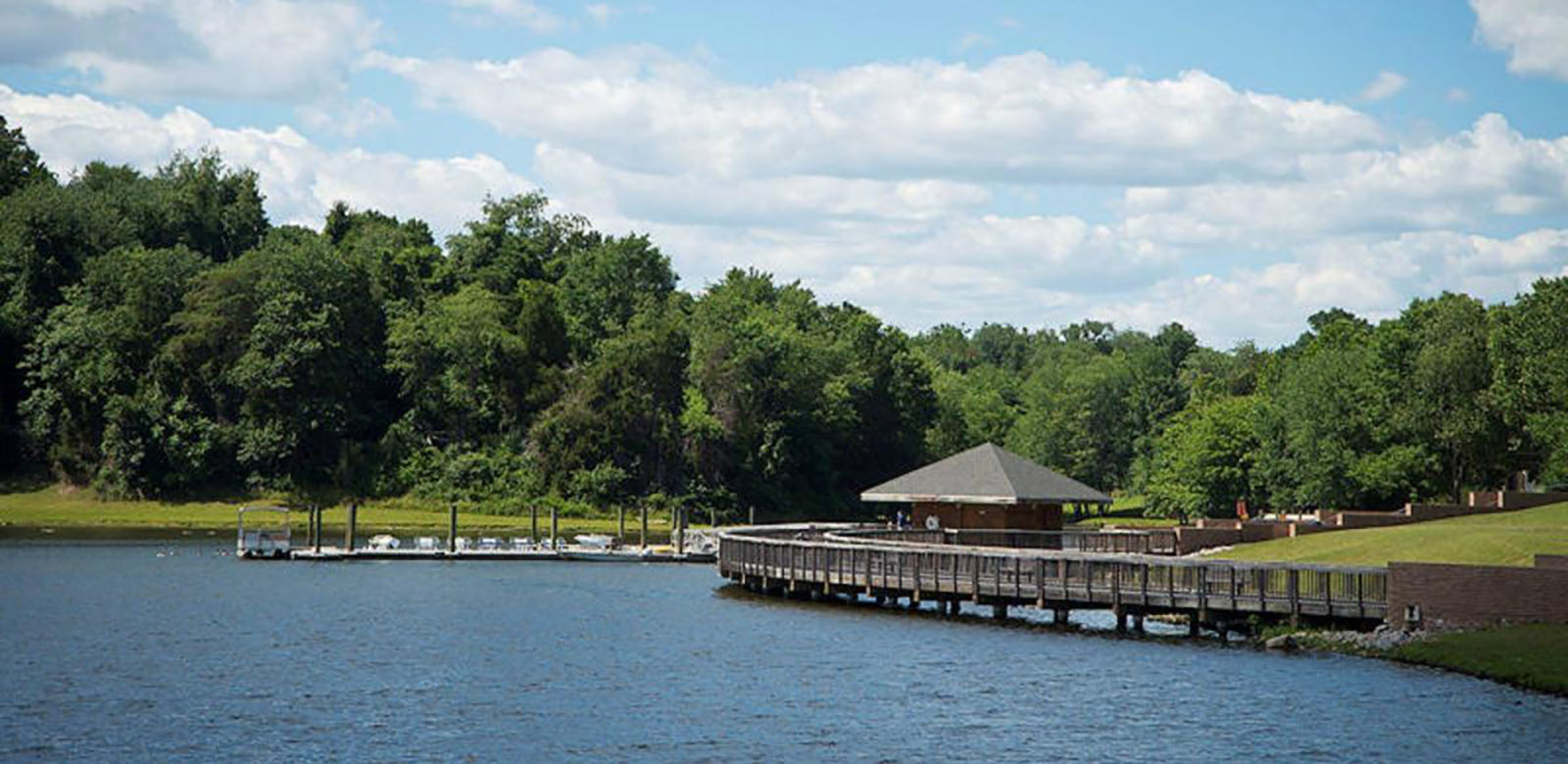 An image of Lake Fairfax with the pavilion and dock visible