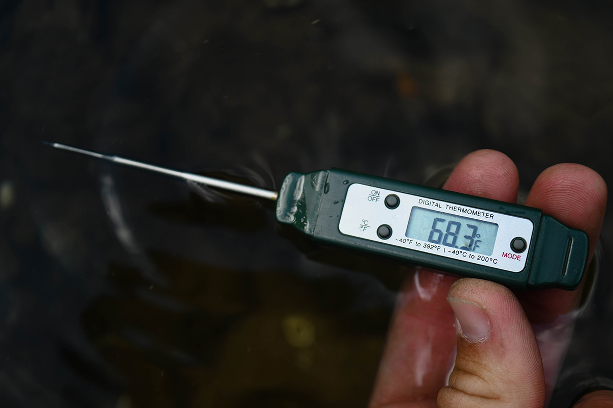 An image of a thermometer showing a temperature of 68.3 degrees Fahrenheit; if a stream is warm it's best to search for colder waters or fish for warm water species 